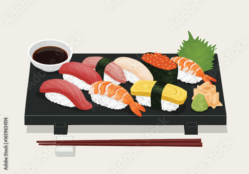 An illustration of a traditional Japanese sushi set on a black platter with soy sauce, wasabi, pickled ginger, and chopsticks.