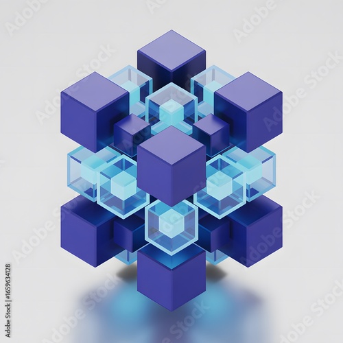 Geometric Cube Assembly A Mesmerizing Display of Blue and Clear Cubes in Precise Composition Creating Depth and Visual Interest