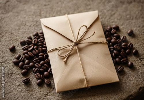 Photo of elegant kraft paper envelope tied with twine, surrounded by aromatic coffee beans, creating a rustic and inviting scene perfect for a gift or message