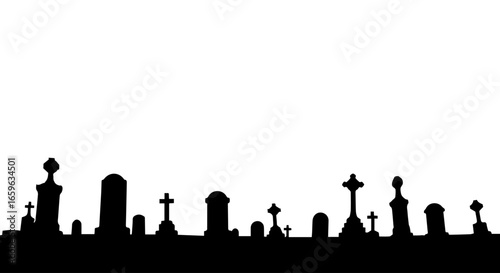 Eerie silhouette of a historic graveyard featuring a variety of tombstone shapes and religious crosses against a stark, minimalist white background, evoking themes of remembrance and the past.