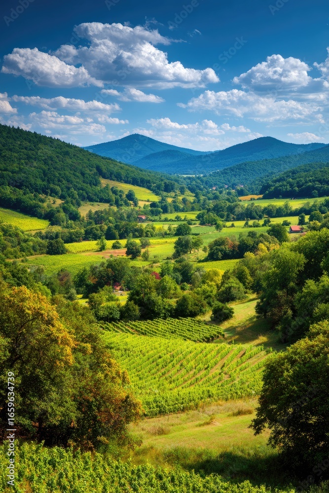 Fototapeta premium Serene Green Valley With Rolling Hills And Vineyards