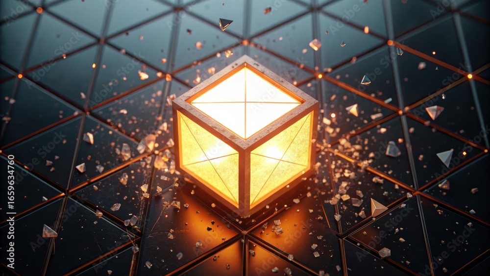 Fototapeta premium Digital Transformation Strategy A glowing cube surrounded by shards on a reflective geometric surface.