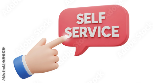 3d self care rituals icons hand pointing to a red speech bubble with self service text isolated on transparent background