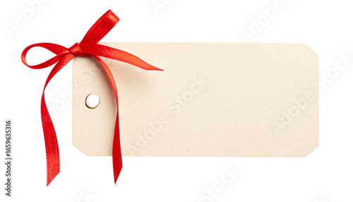 High-quality beige gift tag with an elegant red ribbon, isolated on a transparent background. Provided as a PNG file.
