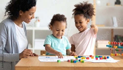 A toddler pointing at alphabet cards while a caregiver helps pronounce the letters