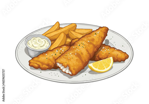 A delicious plate of golden-brown battered fish and chips, served with tartar sauce and a fresh lemon wedge on a white plate.