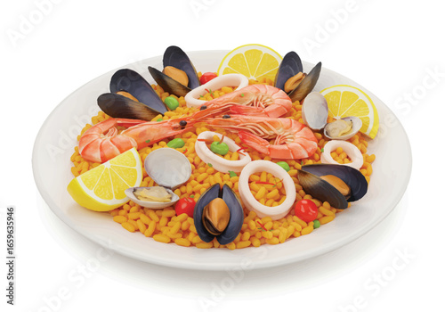 A delicious plate of Spanish seafood paella with shrimp, mussels, clams, and calamari, garnished with fresh lemon wedges on a white background.