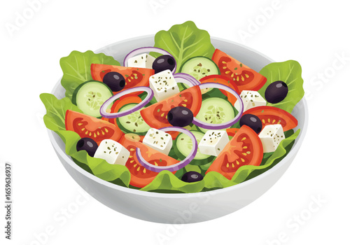 A vibrant and appetizing image of a fresh Greek salad in a white bowl, showcasing various colorful ingredients.
