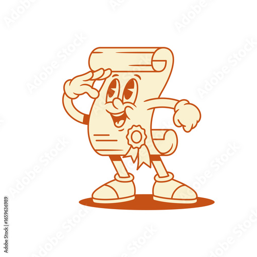 Funny scroll diploma cartoon character looking forward contoured vector flat illustration. Happy comic minimalist graduation degree certificate mascot searching future trying to find information