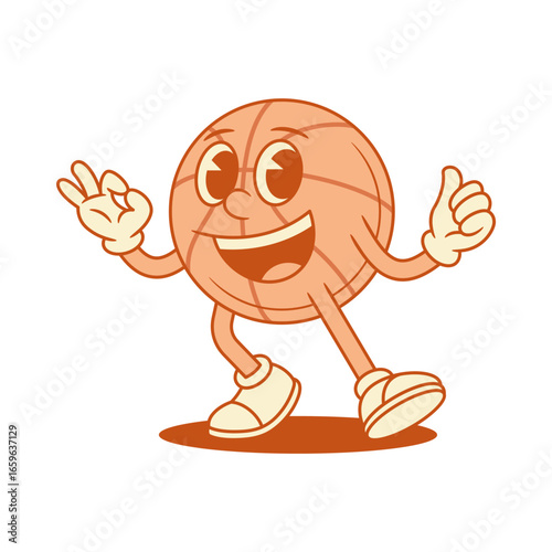 Cheerful smile basketball ball cartoon character ok okay cool gesture contoured vector flat illustration. Comic funky sport game competition tournament mascot smiling good recommend positive emotion