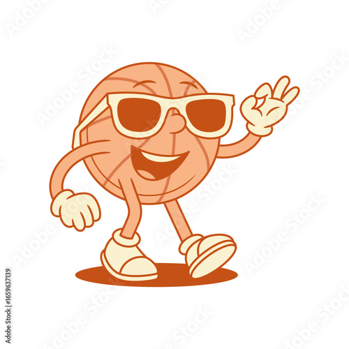Cool comic basketball ball cartoon character in sunglasses contoured vector flat illustration. Funky stylish team sport game match tournament mascot in summer eyeglasses ok okay alright gesture