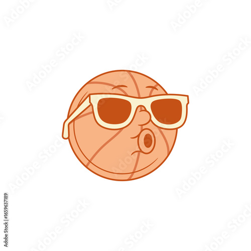 Comic basketball ball cartoon character in sunglasses emoticon contoured vector flat illustration. Funky cute team club sport game victory tournament mascot wearing stylish eyeglasses whistling emoji