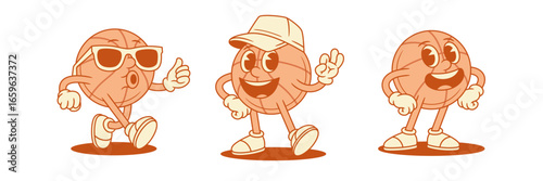 Funny comic basketball ball cartoon character mascot set contoured vector flat illustration. Adorable cute team sport game mascot in sunglasses wearing cap greeting laughing positive emotion