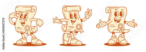 Comic funny diploma education cartoon character set contoured vector flat illustration. Happy cute positive minimalist degree studying graduation mascot smiling looking forward welcome hi hello