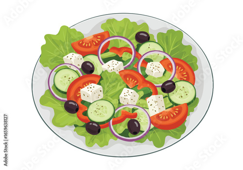A vibrant and fresh Greek salad served on a white plate, featuring crisp lettuce, sliced tomatoes, cucumbers, red onions, black olives, and crumbled feta cheese.