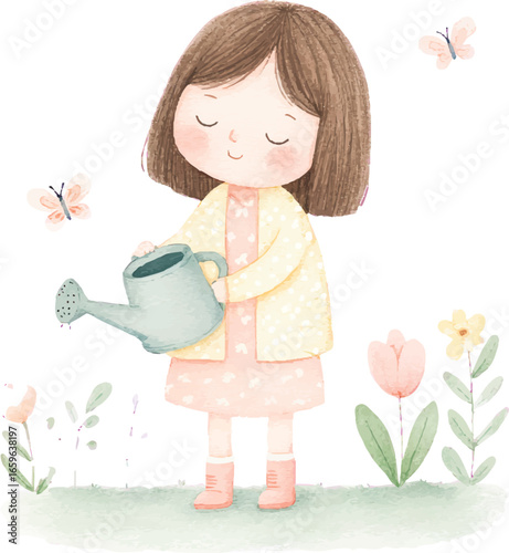 Cute Girl Watering Flowers Spring Watercolor Illustration.