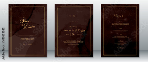 Luxury wedding invitation template set in dark chocolate brown with gold frame accents. Includes Save the Date, invitation, and dinner menu design with elegant typography. 