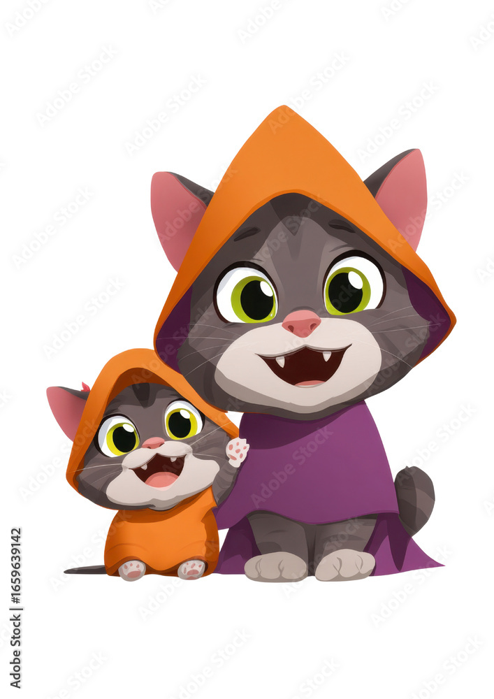 Fototapeta premium Cute kitten in halloween costume holds pumpkin, celebrating Halloween transparent background