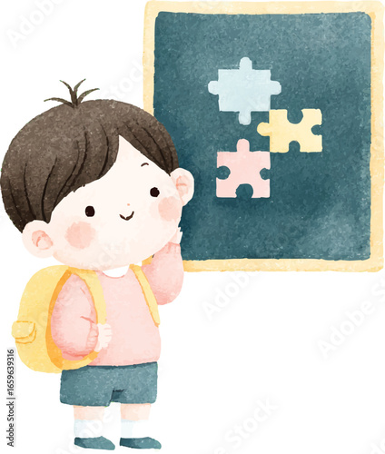 Cute Schoolboy Puzzle Pieces Blackboard Watercolor Illustration.