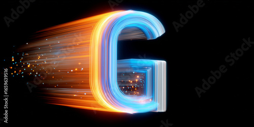 An abstract letter 'G' with a metallic texture and fiery orange glow streaks across a black background, shedding sparks and leaving a blue motion trail, symbolizing futuristic industrial power
