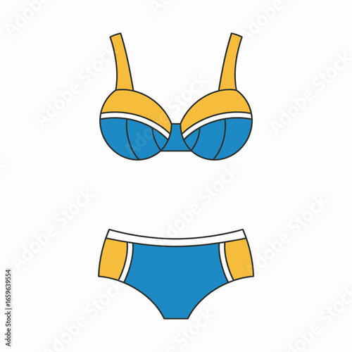 Two Piece Swimsuit Set in Blue and Yellow for Beach or Pool Vacation Outfits and Accessories Illustration