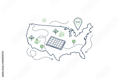 Eco map outline icon with solar panel green energy symbol