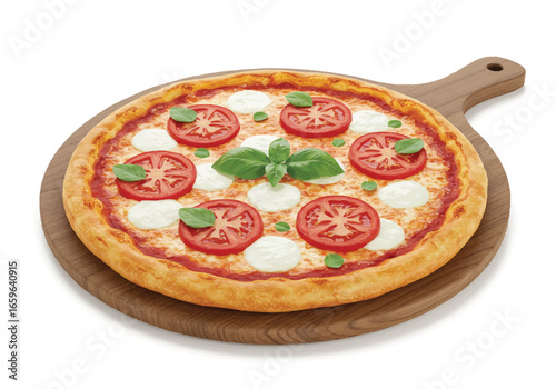 A round pizza with tomato slices, mozzarella cheese, and basil on a wooden board.