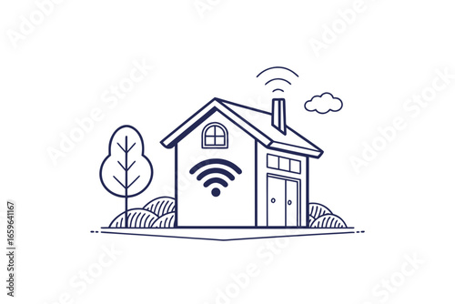 Smart home hub icon small house outline wireless connection