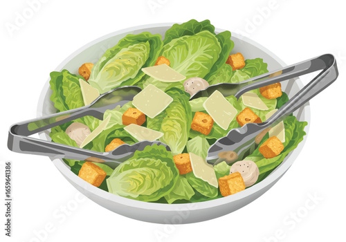 A vibrant illustration of a Caesar salad in a white bowl with serving tongs.