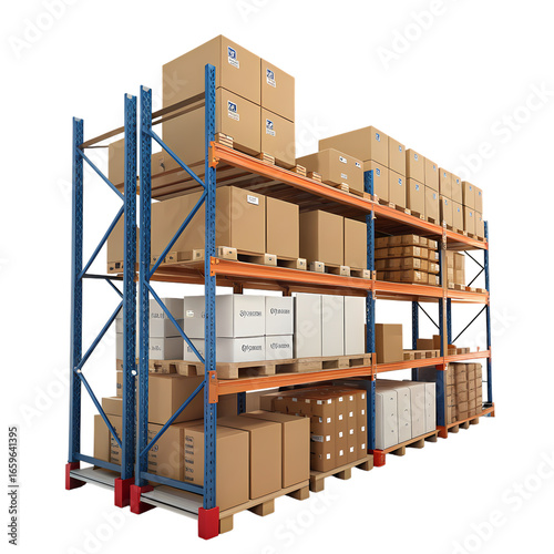 Warehouse Racking System with Cardboard Boxes isolated on transparent background
