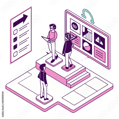 Vector art of isometric team meeting in virtual reality for business and technology