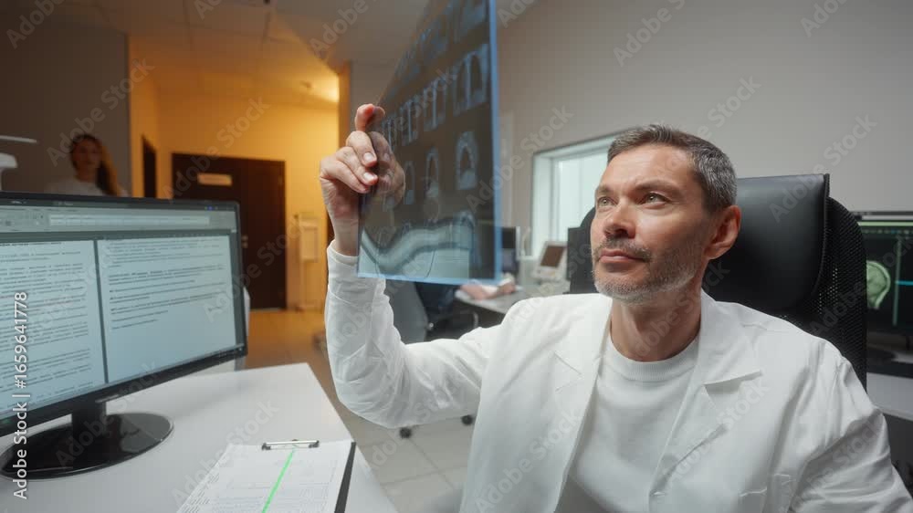 Medic expert holding x ray imaging test results. Handsome Caucasian ...