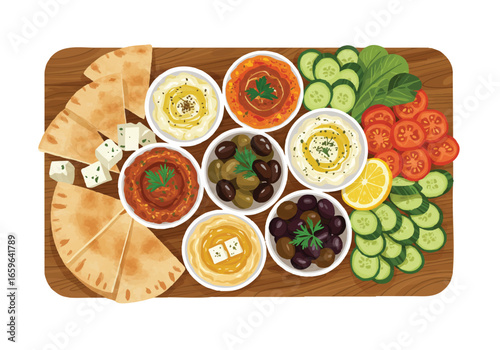 A vibrant Middle Eastern mezze platter with hummus, dips, olives, fresh vegetables, feta cheese, and pita bread.