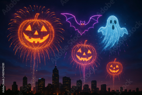 Halloween fireworks above city skyline. AI Generative.