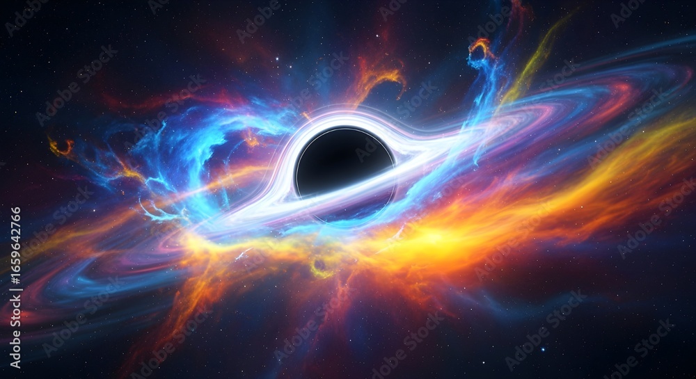 Obraz premium Captivating black hole singularity with vibrant nebula and swirling cosmic gas creating a breathtaking celestial spectacle.