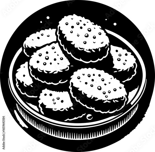 Illustration of a plate filled with several rectangular food items covered in small dots and rough edges