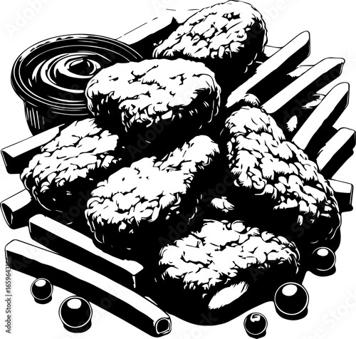 Monochrome illustration of chicken nuggets with french fries and dipping sauce in a container dish