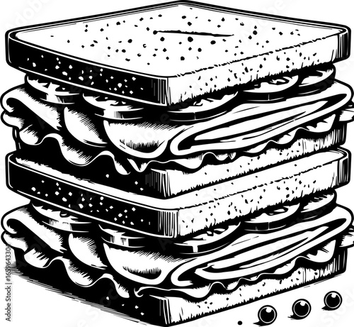 Detailed monochrome illustration of a tall sandwich with multiple layers of fillings and bread