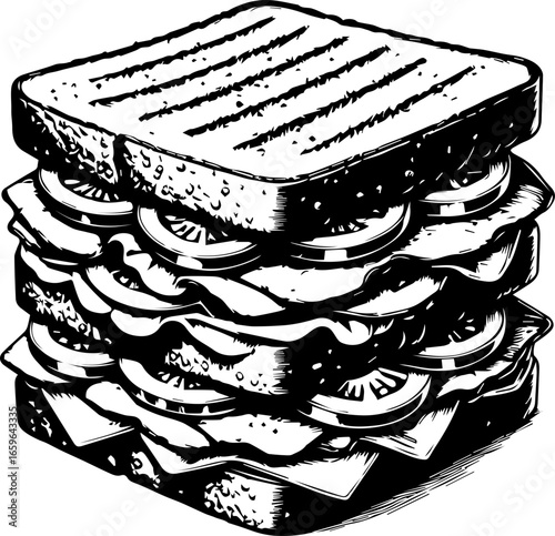 Illustration of a large sandwich with multiple layers of fillings and toasted bread slices design