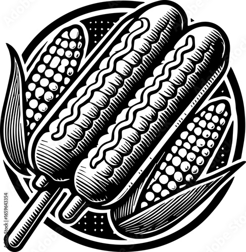 Illustration of two corn dogs with mustard next to two ears of corn in a circular design element