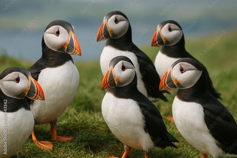 Naklejka premium Puffins gathered on grassy cliff.