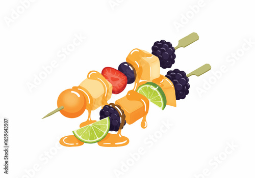 Two colorful fruit skewers featuring berries, mango, and lime, drizzled with a sweet golden sauce, on a white background.