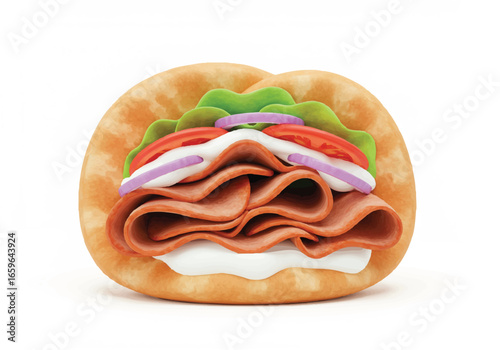 Delicious pita bread sandwich with meat, lettuce, tomato, onion, and sauce.