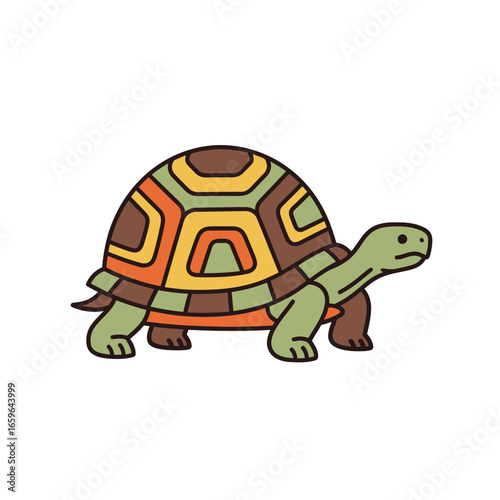 Retro Slow Walking Tortoise Patterned Shell Clip Art Minimalist Flat Design