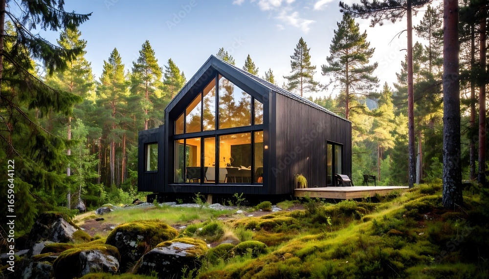 Obraz premium Modern Black Cabin with Expansive Windows Nestled in a Lush Green Forest