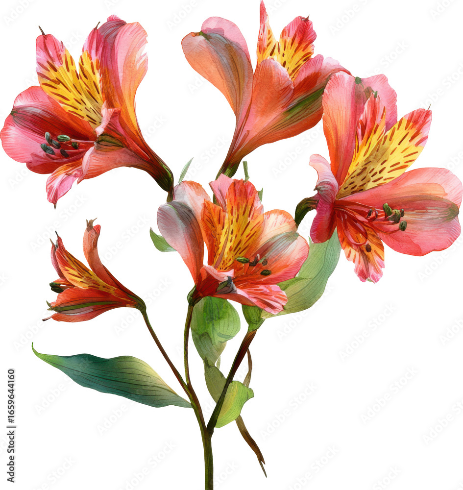 Fototapeta premium Vibrant alstroemeria flowers detailed close-up with delicate petals and rich colors Watercolor PNG