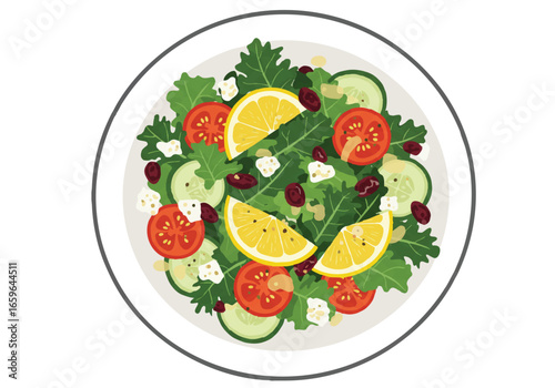 A fresh and healthy salad with lemon, cucumber, tomato, kale, feta cheese and cranberries.