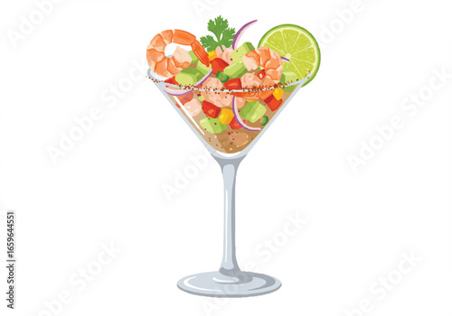 A refreshing shrimp cocktail appetizer served in a martini glass with avocado, lime, and cilantro.