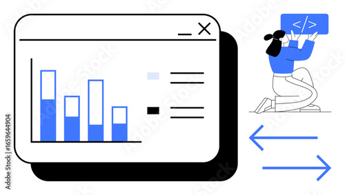 Bar chart in browser window with coder holding code tag. Ideal for data analysis, programming, web development, tech education, UX design, coding tutorials, simple landing page