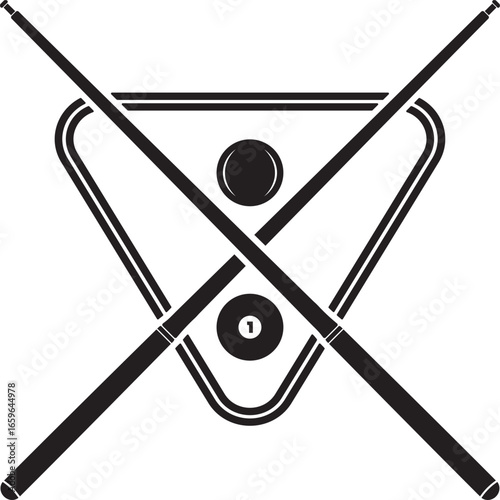 Billiards emblem with crossed cue sticks, triangle rack, and balls. Minimal black vector design for pool, snooker, sports logos, bar signs, club branding, icons, posters, and digital graphics.